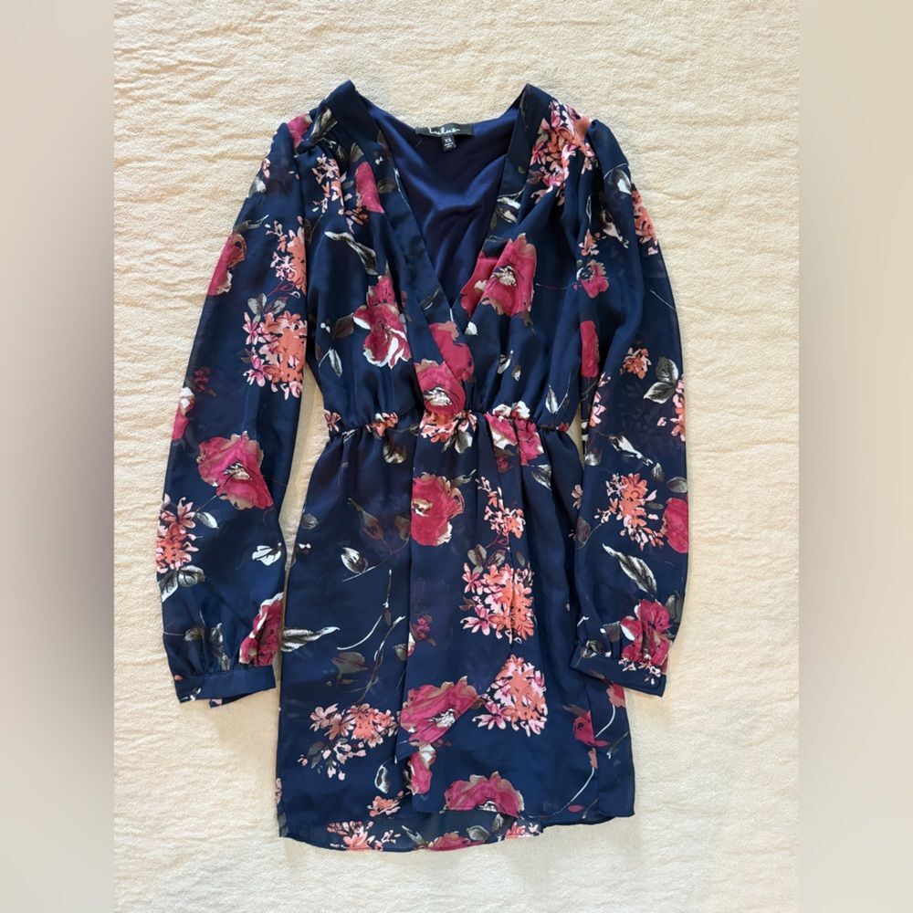 Lulu's Midnight Blossom Floral Mini Dress Sheer Sleeves Lined Size XS Night Out